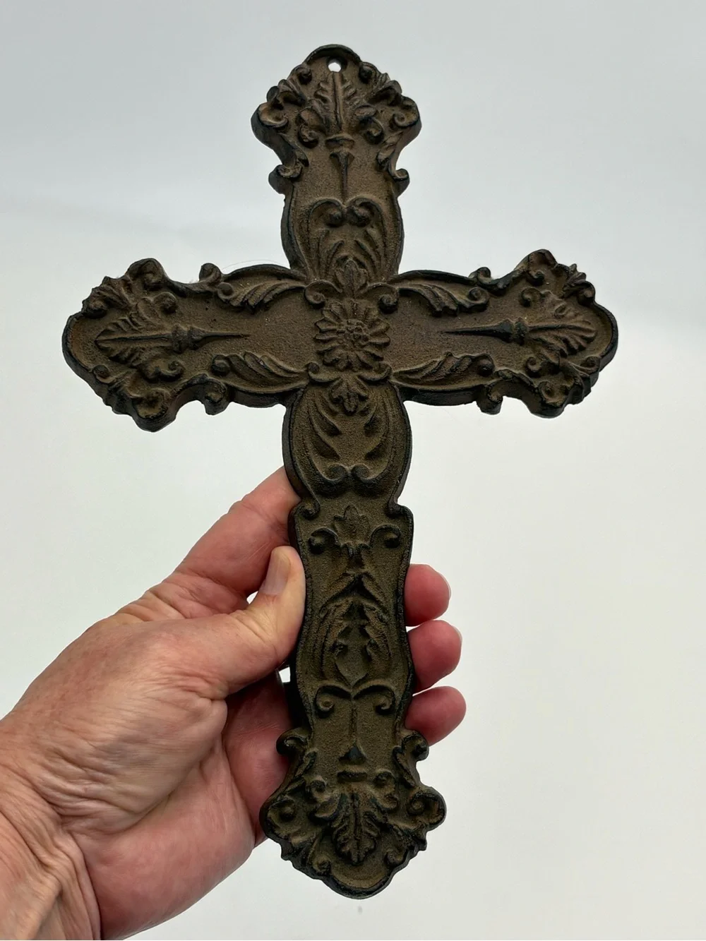 Vintage Ornate Wrought Iron Wall Cross in Rustic Brownish Color